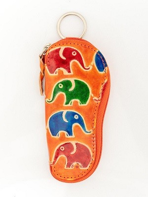 Футляр "Слоны" для ключей, натуральная кожа, ручной принт.
