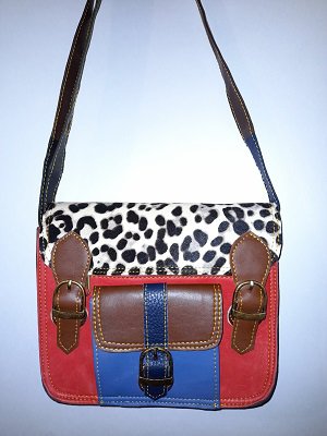 Купить Разноцветная кожаная сумочка с вставкой из натуральной шерсти. 20*23*6 см.