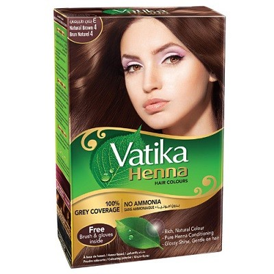 Краска для волос на основе натуральной хны тон 4 Натуральный коричневый Дабур Ватика (Henna Hair Colours Natural Brown Dabur Vatika), 60 г.