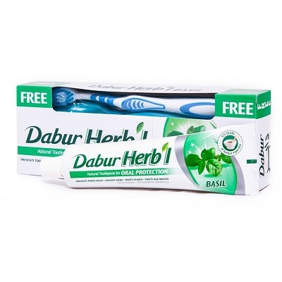 Dabur Herb'l Toothpaste Oral Protection Basil with Toothbrush 150g / Аюрведическая Зубная Паста Защита Полости Рта с Базиликом + Зубная Щётка Ср. Жесткости 150г