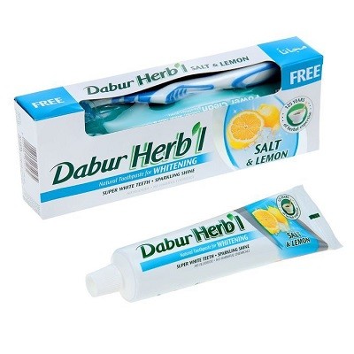 Купить Dabur Herb'l Toothpaste Whitening Salt & Lemon with Toothbrush 150g / Аюрведическая Зубная Паста Отбеливающая с Солью и Лимоном + Зубная Щётка Ср. Жесткости 150г