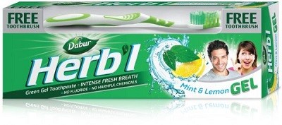 Dabur Herb'l Green Gel Toothpaste Intense Fresh Breath Mint & Lemon with Toothbrush 150g / Аюрведический Зубной Гель-Паста Интенсивное Свежее Дыхание с Мятой и Лимоном + Зубная Щётка Ср. Жесткости 150г