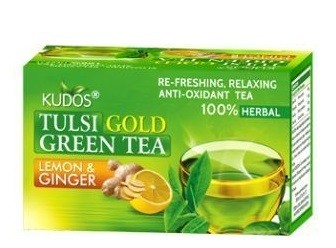 Tulsi Gold Green Tea LEMON & GINGER, Kudos (Тулси голд зелёный чай С ИМБИРЁМ И ЛИМОНОМ, Кудос), упаковка 25 пакетиков.